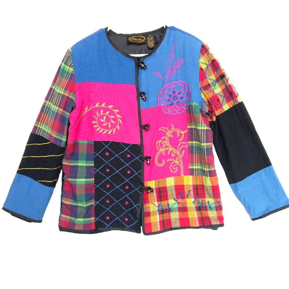 VTG Alex Kim Patchwork Blazer Shoulder Pad Flax Embroidered Jacket Women M L 80s